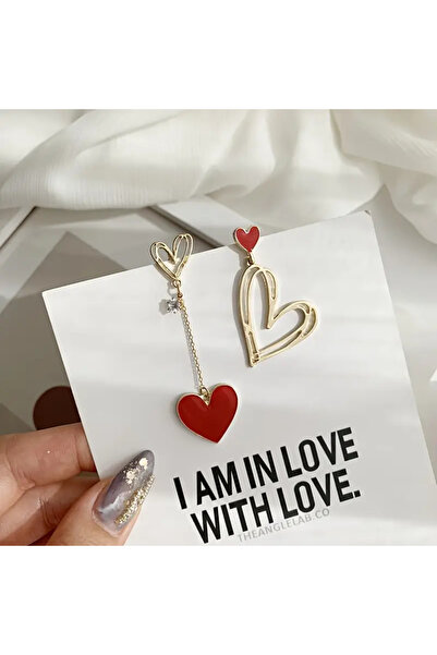 Takıtolia Touch -Kırmızı 14K Altın Kaplama Asimetrik Kalp Figürlü Sallantılı Küpe