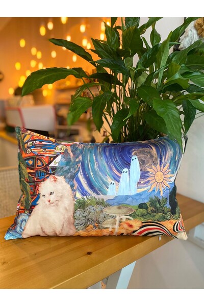RahanDesign Kedi Desenli Süet Çift Taraflı Dijital Baskı Renkli Kırlent Kılıf...