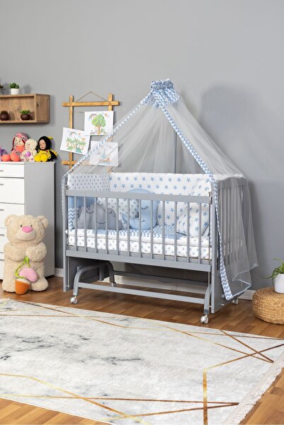 Bamgidoo Yeni Doğan Doğal Ahşap Beşik Anne Yanı Beşik Gri 60x120 Mavi Yıldız Uyku Seti Yatak Tekerlekli