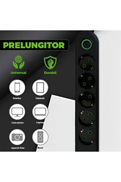 F09 Prelungitor universal cu 5 prize și întrerupător, OPTIM SOLUTION, 3 porturi USB, cablu de 3 m, negru