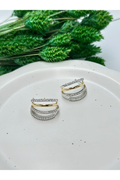 MyladyAccessoriess Double Color and Zircon Stone Detail Hoop Earrings (Steel)