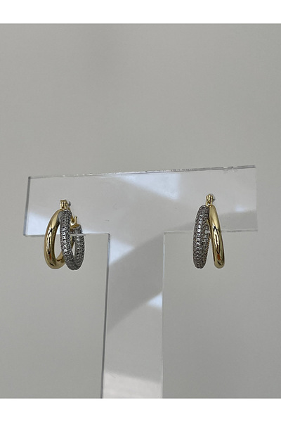 JELLY Kadın Çelik Altın Renkli Işıltılı Zirkon Taşlı İkili Model Yuvarlak Halka Küpe