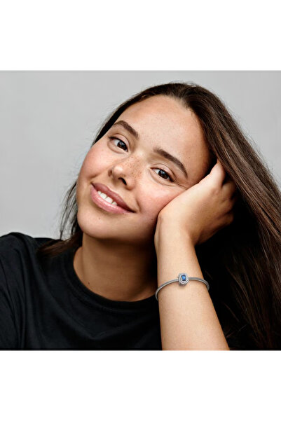 Pandora Rectangular Pandora Charm with Halo Shiny Blue Zirconia and Hearts - 925 Silver