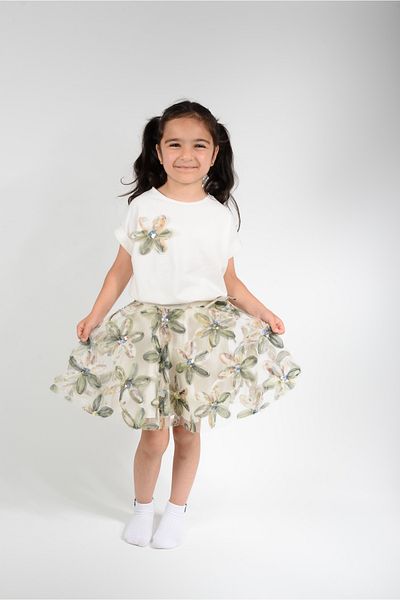 KİDSPİTİRCİK Girl's Green Flowery Tulle Skirt Suit (100% Cotton)