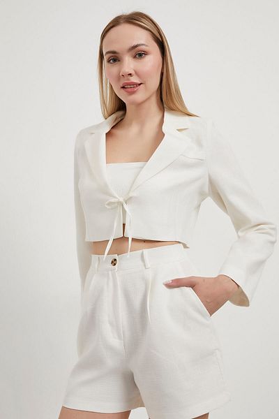 Arma Life Women's Linen Look Lace-Up Tight White Crop Jacket