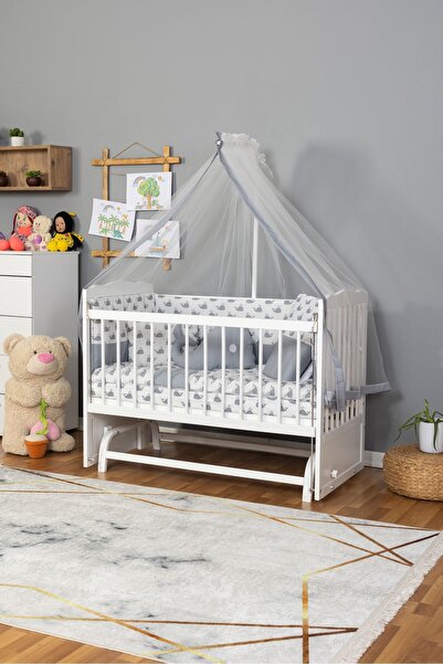 Bamgidoo Ahşap Beşik Anne Yanı Beşik Beyaz) 60x120 - Gri Balina Uyku Seti Yatak