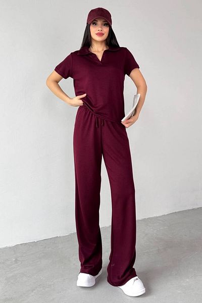 Gameyal Set de pantaloni tricou cu guler polo din țesătură modal cu buzunar dublu pentru femei