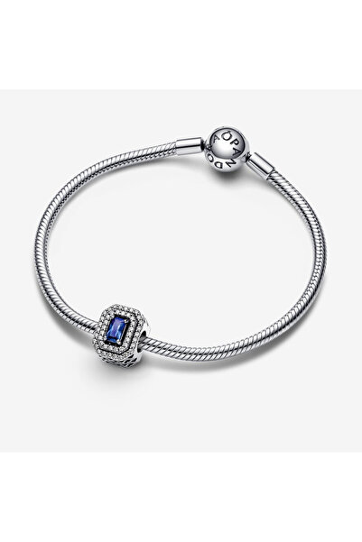 Pandora Rectangular Pandora Charm with Halo Shiny Blue Zirconia and Hearts - 925 Silver