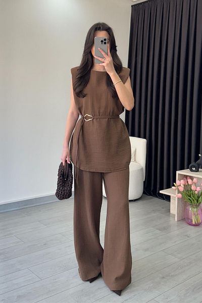My Blog Brown Accessory Detailed 100% Cotton Double Set - 8380