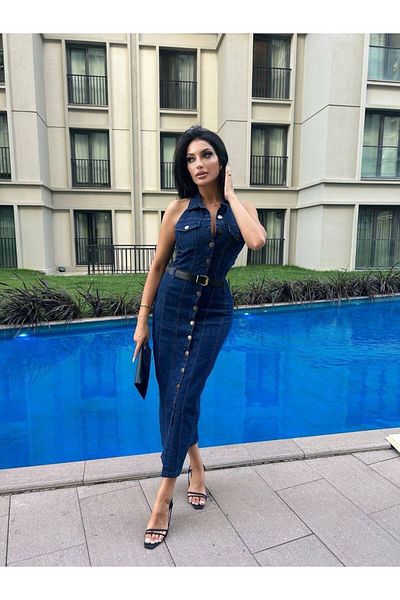 MADAME MELEK Rochie de blugi cu centură Denim Lycra Drapat pe spate