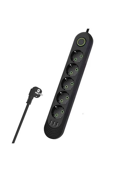 F09 Universal Extension Cord with 5 Sockets and Switch, OPTIM SOLUTION, 3 USB Ports, 3m Cable, Black