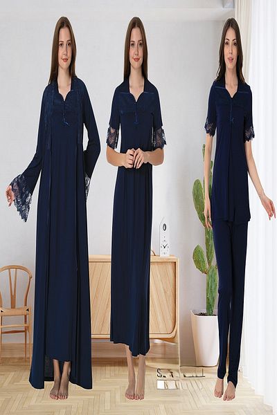 Puerpera Effortt Summer Half Sleeve Lace Detailed Lohusa Maternity Nightgown Dressing Gown & Sleepwear Set Set 9016