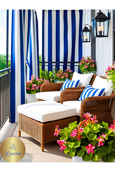 Lunoria Ocean Stripe -  Mavi Beyaz Çizgili Branda Balkon Perdesi