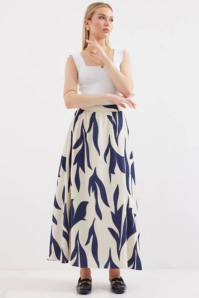 Silerra 8028 Patterned Long Skirt Navy Blue