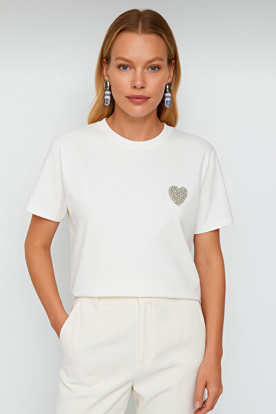 Elysira Tricou pentru femei, 100% bumbac, cu inimă brodată cu pietre străluci...