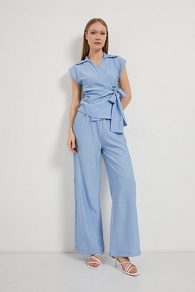 Arma Life Women's Sleeveless Blouse Elastic Pants Blue Double Bottom Top Set