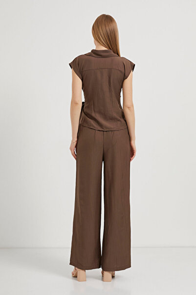 Arma Life Women's Sleeveless Blouse Elastic Pants Coffee Double Bottom Top Set