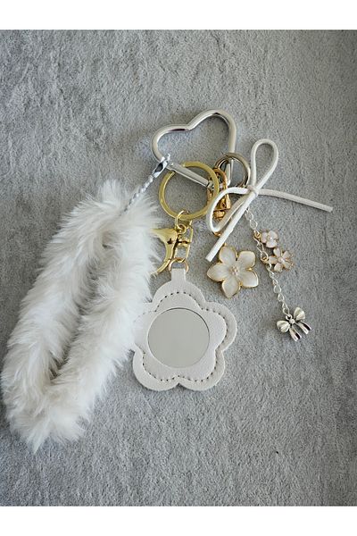 SiestaAccessories White Plush Floral Mirrored Bow Bag Charm / Accessory / Ornament / Keychain
