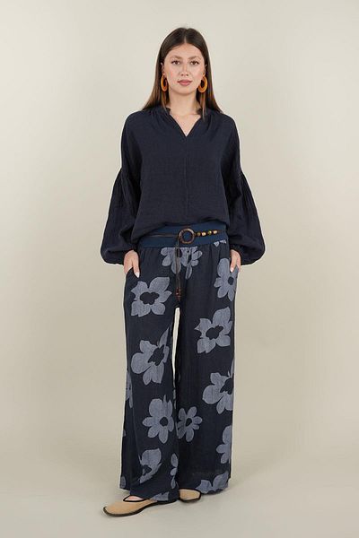 Ranasubaşı Floral Patterned Linen Trousers Navy Blue
