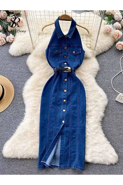 MADAME MELEK Rochie de blugi cu centură Denim Lycra Drapat pe spate