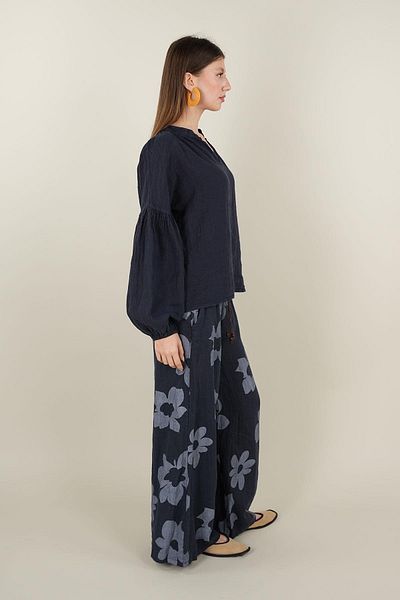 Ranasubaşı Floral Patterned Linen Trousers Navy Blue