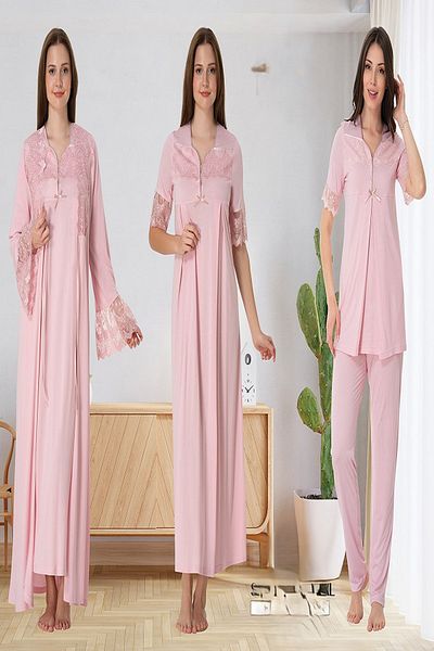Puerpera Effortt Summer Half Sleeve Lace Detailed Lohusa Maternity Nightgown Dressing Gown & Sleepwear Set Set 9016