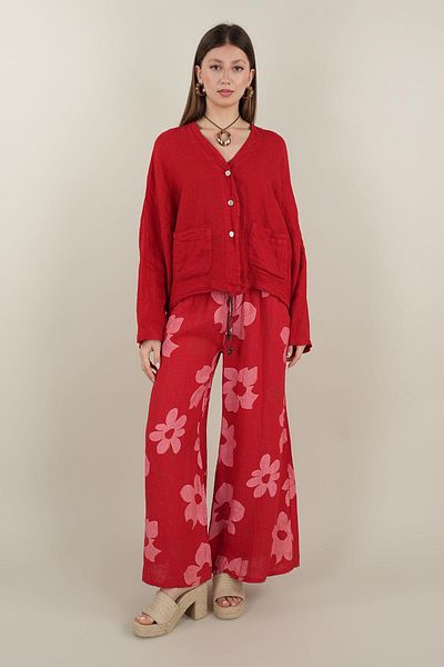 Ranasubaşı Floral Patterned Linen Trousers Red