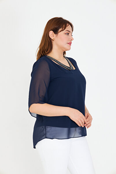 UNIQUE LADY Women's Stylish Jewel Neck Plus Size Blouse