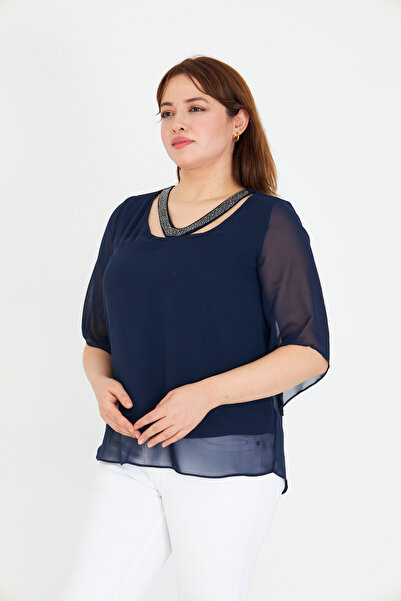 UNIQUE LADY Women's Stylish Jewel Neck Plus Size Blouse