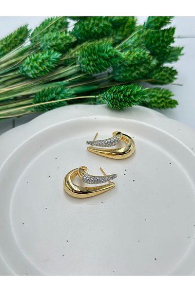 MyladyAccessoriess Double Color Zircon Stone Detailed Drop Hoop Earrings (Steel)