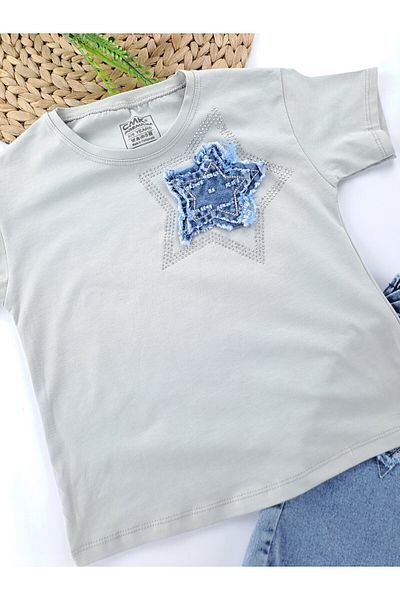 Butik Girl's Denim Shorts Skirt T-Shirt Double Set Star Denim Premium Quality