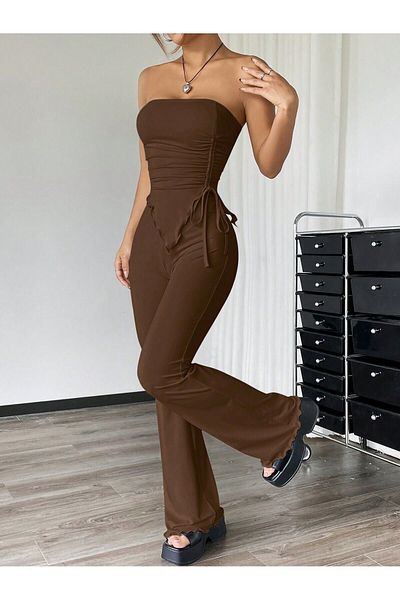 MEREN LİKE YOUR SYLE Brown Strapless Gathered Asymmetrical Flared Leg Bottom Top Set