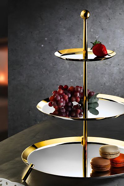 ÖzSa Home Large Gold Edged Pedestal 18/10 Stainless Steel 3 Tier Presentation Stand Metal Pedestal Presentation Stand
