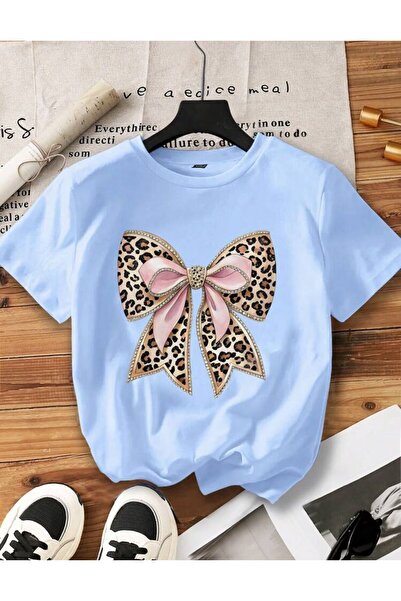 caddekombin Блакитна футболка з леопардовим принтом і рожевою стрічкою з баво...