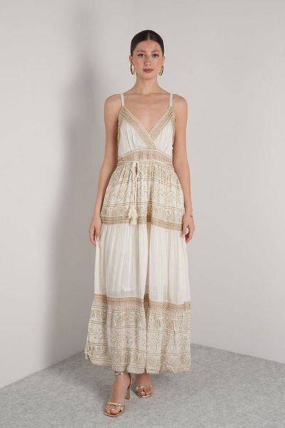 NAVAJO Maxi Dress - White Coffee Rope Strap Lined Dress – 100% Cotton – Standard Size (36-44)