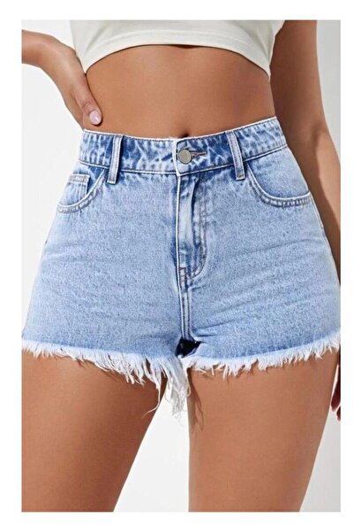 miss fasion kadın Yüksek Bel Püsküllü Denim Kot Şort Mavi