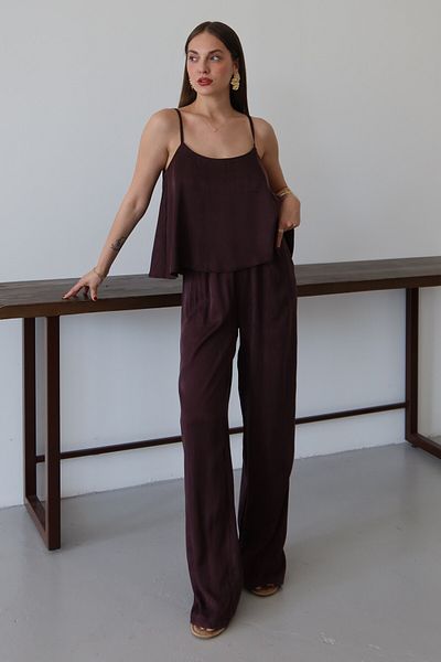 Laluvia Set pantaloni bluză cu bretele cu aspect satin prune - 51043