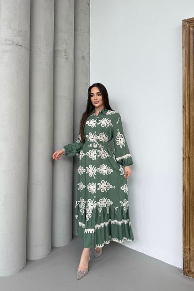 Mezka Ethnic Patterned Viscose Long Sleeve Belted Dress