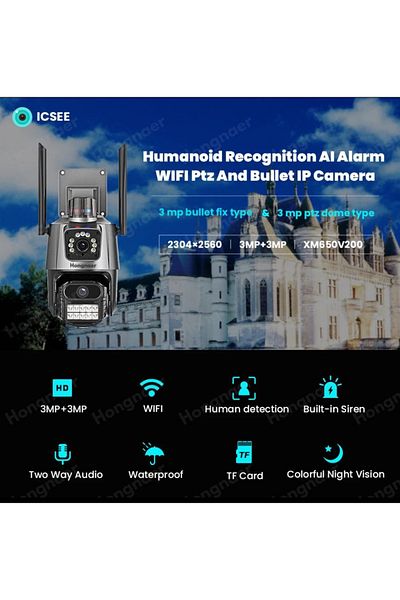 OEM Wifi surveillance camera, dual lens, night vision, voice alarm, motion detection, two-way audio