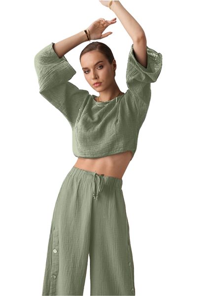 clavia Muslin Two-Piece Summer Suit, High Waist Wide Leg Pants, Spanish Sle Crop Bustier, Bottoming Top Set