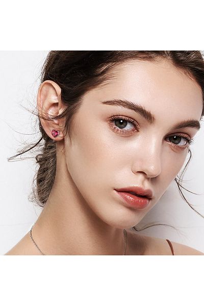 OEM Daizy Heart Earrings in S925 Silver / Rhodium with Zirconia Stone - Red