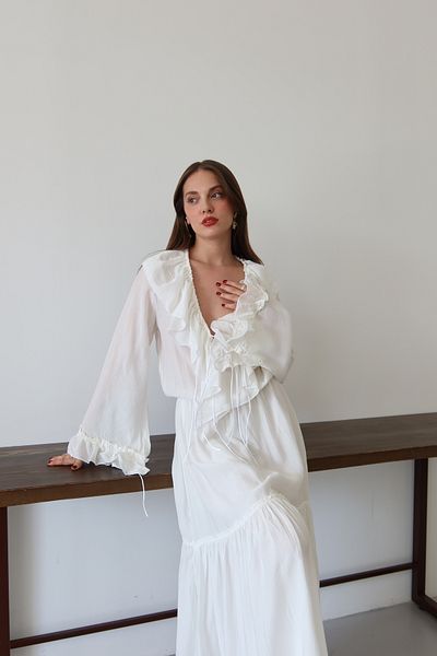 Laluvia Rochie Toulon albă cu guler cu volane - 204126