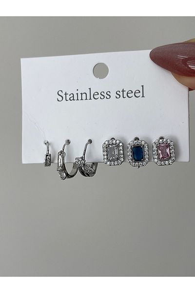 JELLY Women's Steel Silver 6-Piece Colorful Zircon Baguette Stone Detailed Combination Earring Set