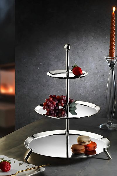 ÖzSa Home Large Footed 18/10 Stainless Steel 3 Tier Presentation Stand Metal Footed Presentation Stand