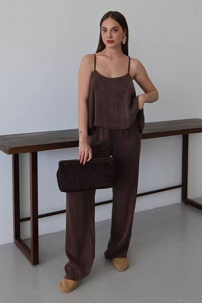 Laluvia Brown Satin Look Strappy Blouse Trousers Set - 51043