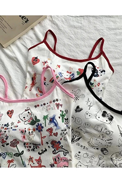 BİQ & TAQ BUTİK Cute Hello Cat Hanging Pink Crop