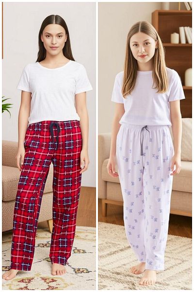 Elemge 2 Pack Patterned Women's Pajama Bottom Comfortable Fit with Ribbon Relaxfit Stretchy Red-White Soft