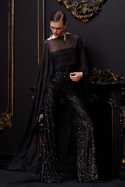 Gira official Black Sequined Chiffon Blouse Detailed Jumpsuit