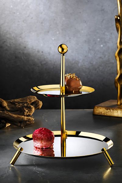 ÖzSa Home Medium Gold Edged Pedestal 18/10 Stainless Steel 2 Tier Presentation Stand Metal Pedestal Presentation Stand