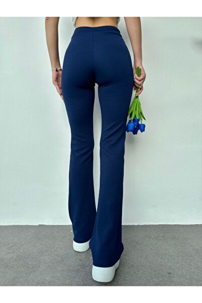 WellWay Kadın Full Likralı Ithal Krep Kumaş Önü Çimalı Geniş Paça Palazzo Pantolon-lacivert